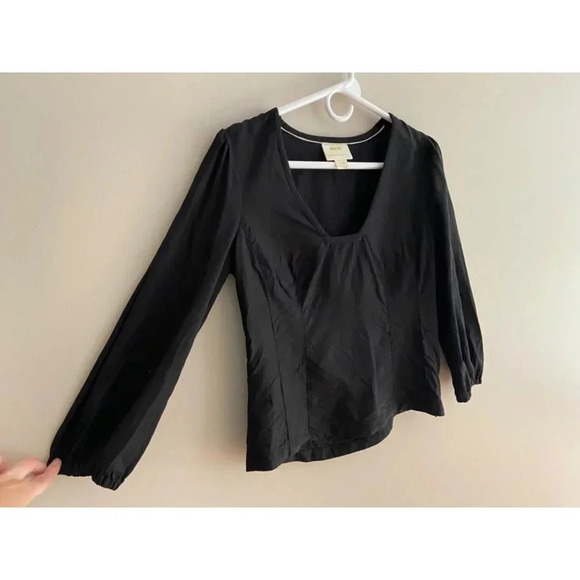 Anthro Maeve Becca Linen Blend Square Neck Puff Sleeve Black Blouse Size 2 - Picture 5 of 11